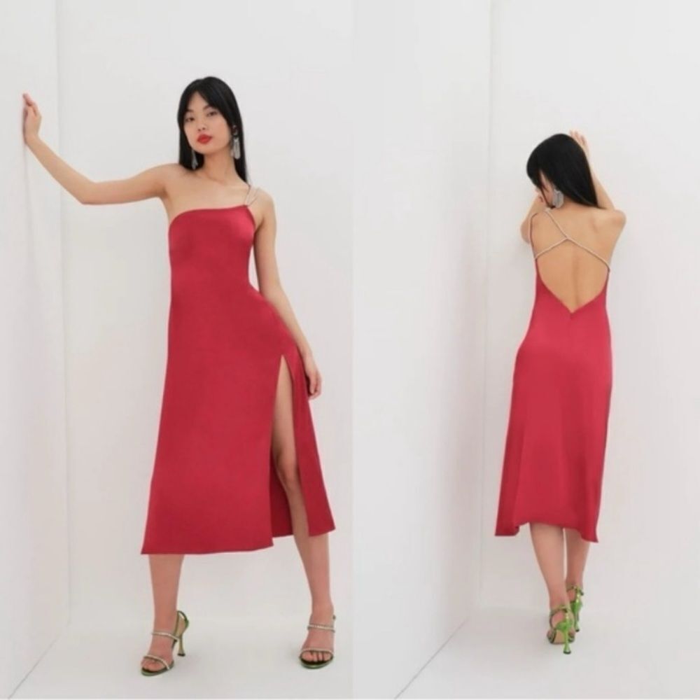 For Love And Lemons Elora Midi Dress in Red Small NWT Evening Party Slit Holiday